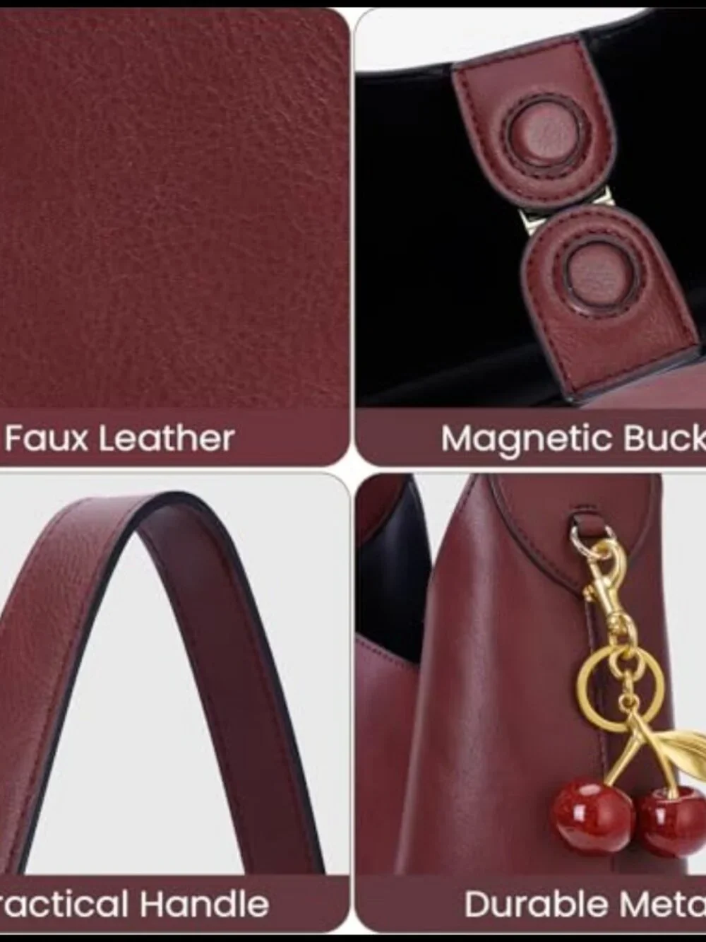Faux Suede Hobo Bag Vegan Leather Shoulder Tote Cherry Charm Slouchy Purse